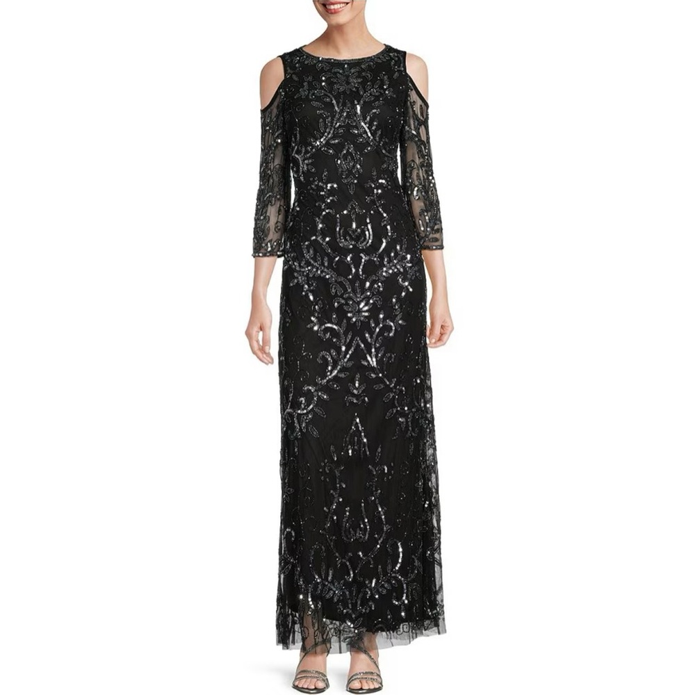 Crew Neck Beaded Sequin Cold Shoulder 3/4 Sleeve A-Line Gown - Picture 5 of 6